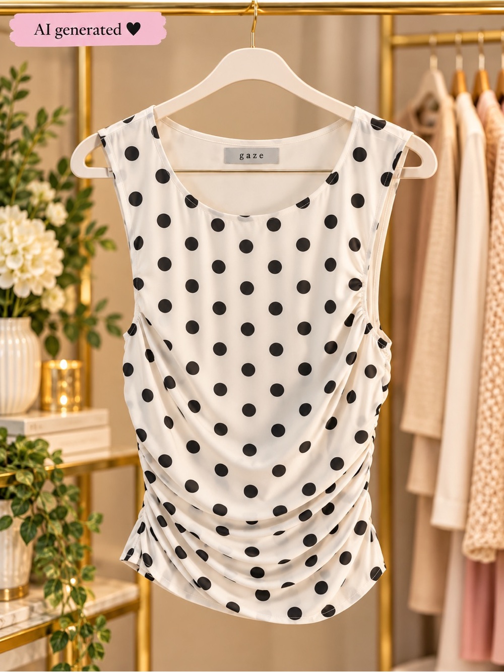 Gaze White Black Polka Dot Ruched Sleeveless Top Est. Size S